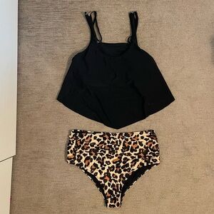 Adisputent Women’s Two Piece Swimsuit Black Top, High Waisted Leopard Bottoms XL